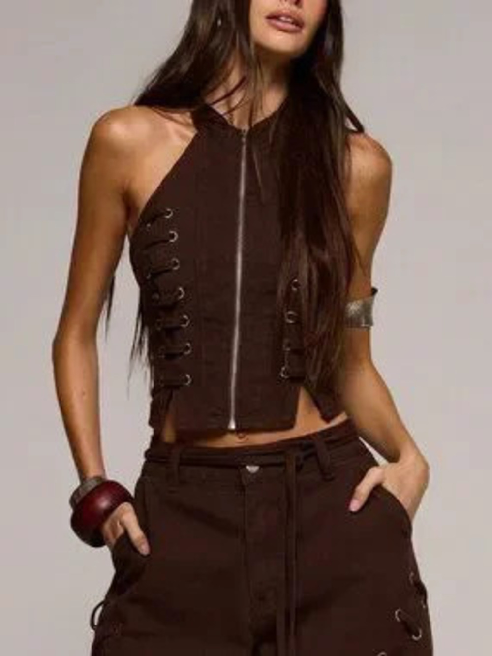 Chocolate Brown Casual Women's High Neck Eyelet Lace Up Fitted Denim Top